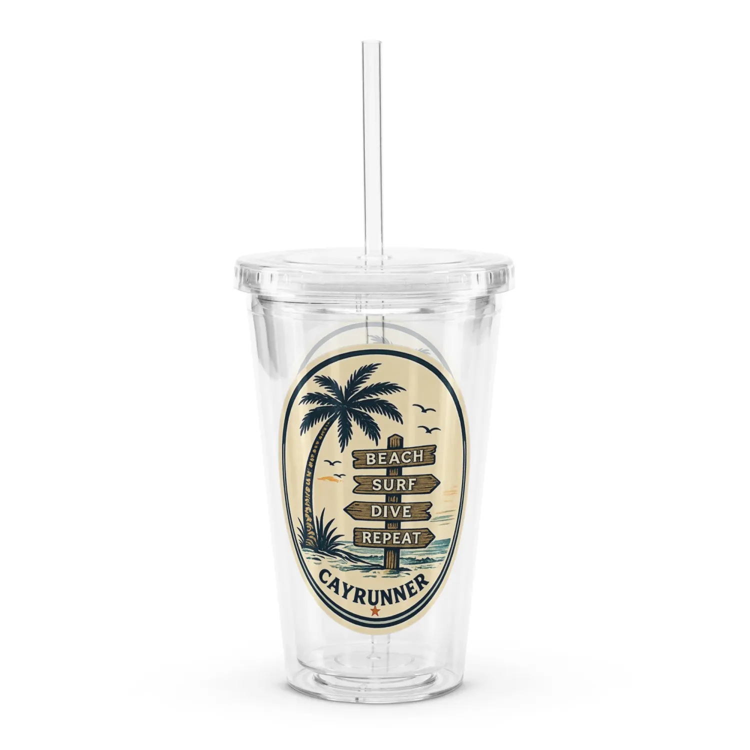 Cayrunner Vintage Coastal Surf Sign Clear Plastic Tumbler with a palm tree and a Beach Surf Dive Repeat sign