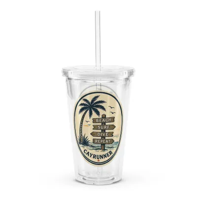 Cayrunner Vintage Coastal Surf Sign Clear Plastic Tumbler with a palm tree and a Beach Surf Dive Repeat sign