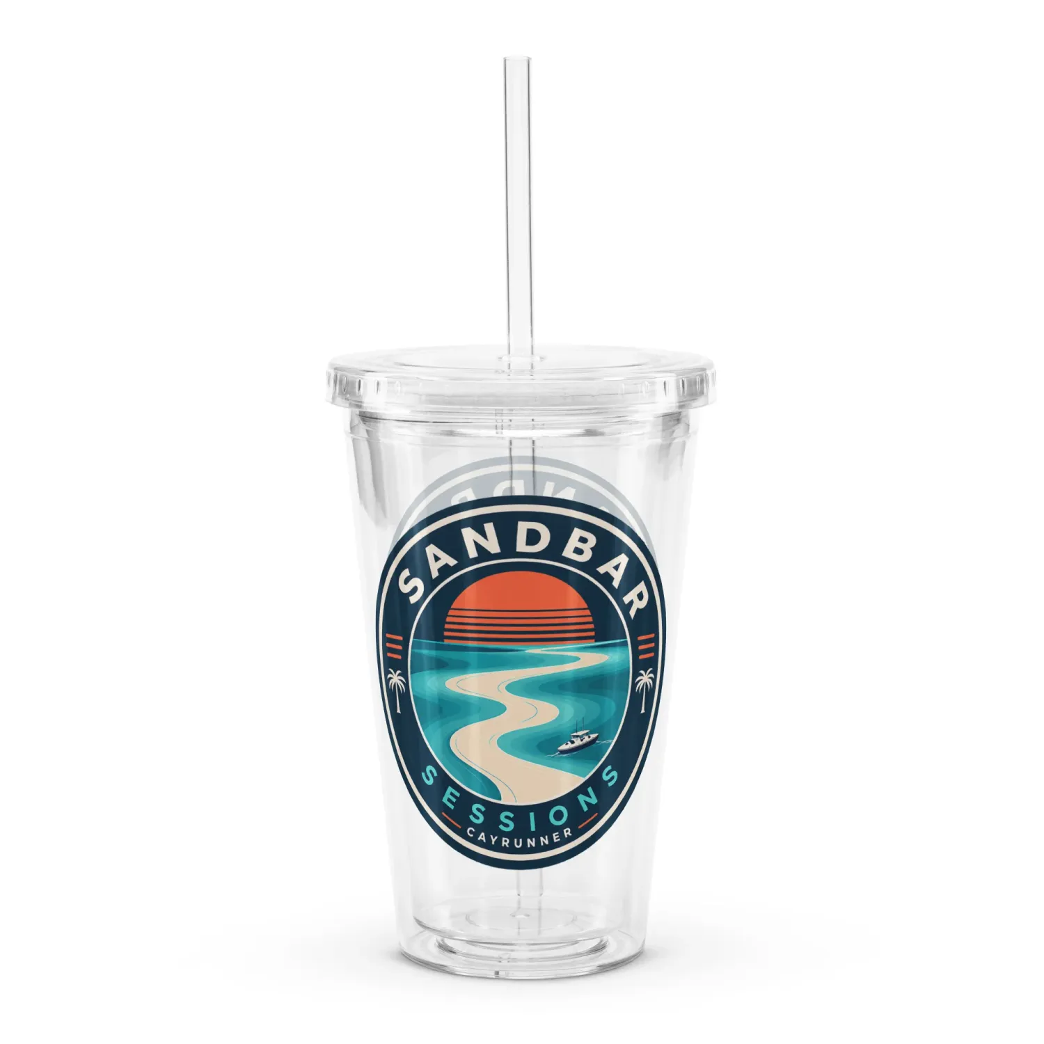 Sandbar Sessions Cayrunner Badge Clear Plastic Tumbler with a sunset over winding sandbars and a boat