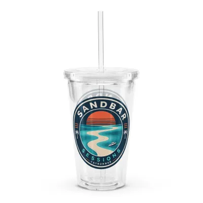 Sandbar Sessions Cayrunner Badge Clear Plastic Tumbler with a sunset over winding sandbars and a boat