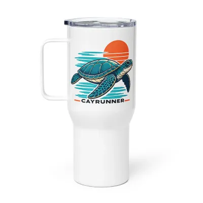 Cayrunner Sunset Turtle Travel Mug with Handle, white mug with a sea turtle swimming past an orange sun