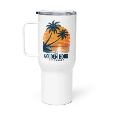 Cayrunner Golden Hour Tropical Sunset Travel Mug with Handle, white mug with palm trees at an orange sunset