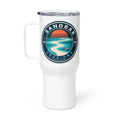 Sandbar Sessions Cayrunner Badge Sunset Travel Mug with Handle, round badge with a sandbar, boat and sunset