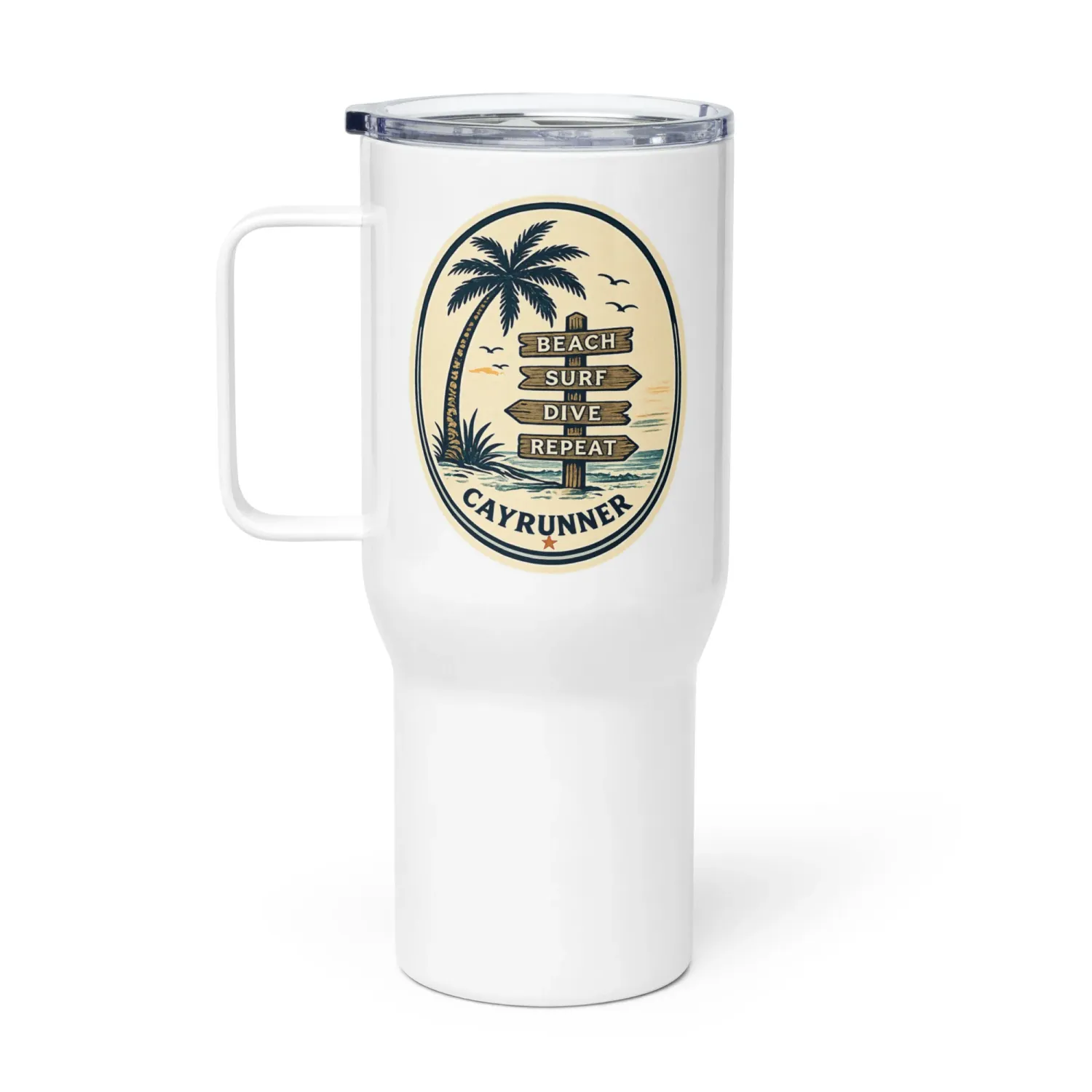 Cayrunner Vintage Coastal Surf Sign Travel Mug with Handle, white mug with a palm tree and wooden signpost