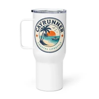Cayrunner Coastal Sunset Travel Mug with Handle, white stainless steel with a round palm, sunset and boat badge