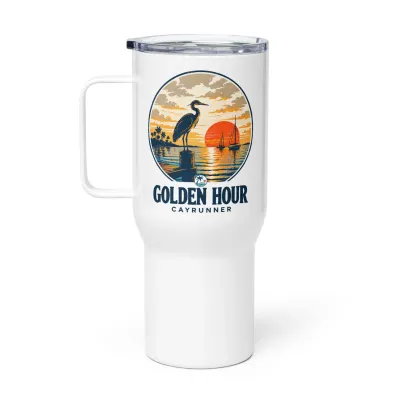 Golden Hour Cayrunner Coastal Travel Mug with Handle, white mug with a heron at sunset