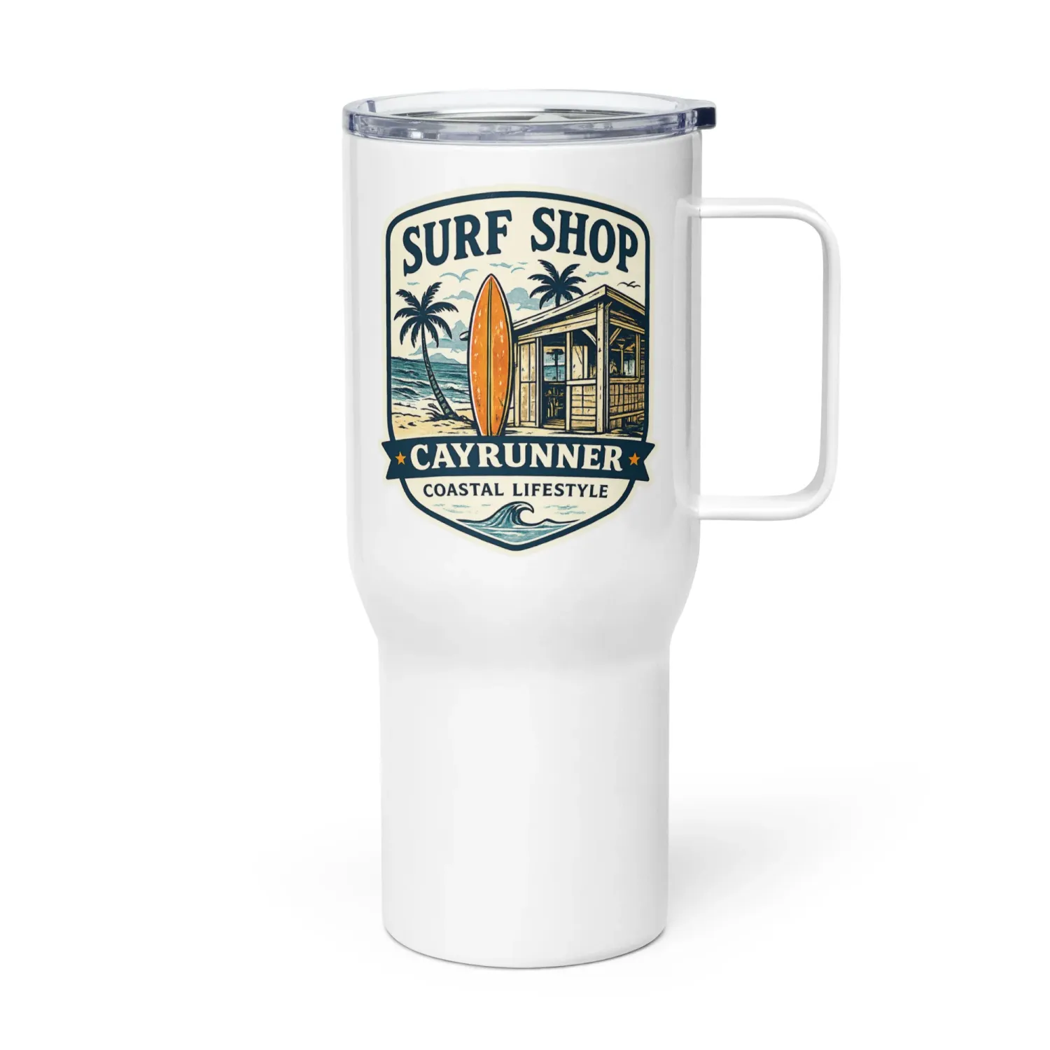 Cayrunner Surf Shop Badge Travel Mug with Handle, white mug with a surf shack, palm trees and surfboard