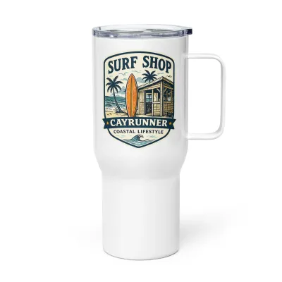 Cayrunner Surf Shop Badge Travel Mug with Handle, white mug with a surf shack, palm trees and surfboard