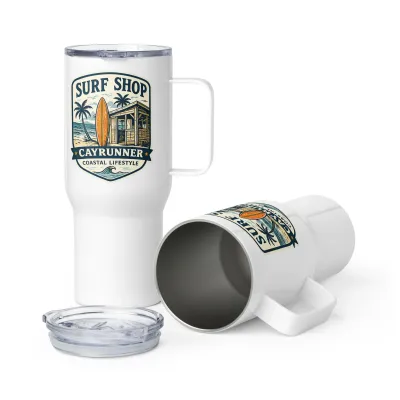 Cayrunner Surf Shop Badge Travel Mug with Handle, shown upright and on its side with the lid removed