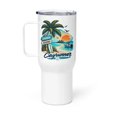 Cayrunner Tropical Sandbar Sunset Travel Mug with Handle, white mug with a palm, signpost, sandbar and boat