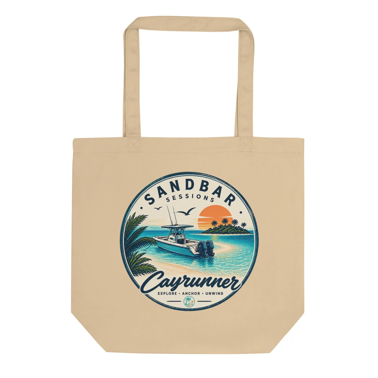 Cayrunner Anchor &amp; Unwind organic cotton tote bag, Sandbar Sessions badge with boat and sunset