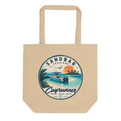 Cayrunner Anchor &amp; Unwind organic cotton tote bag, Sandbar Sessions badge with boat and sunset