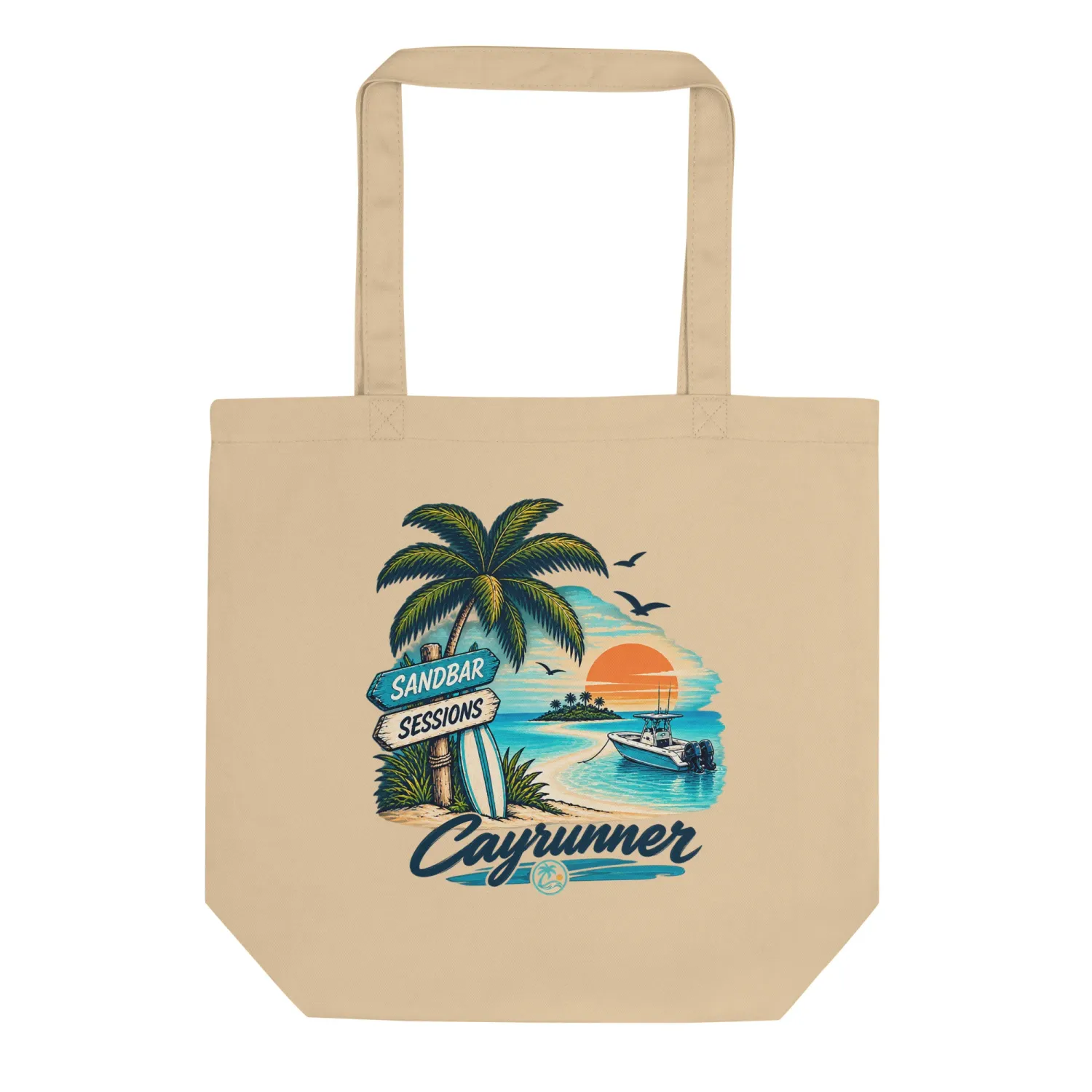 Cayrunner Find Your Sandbar organic cotton tote bag, palm tree, surfboard, sign and boat at sunset