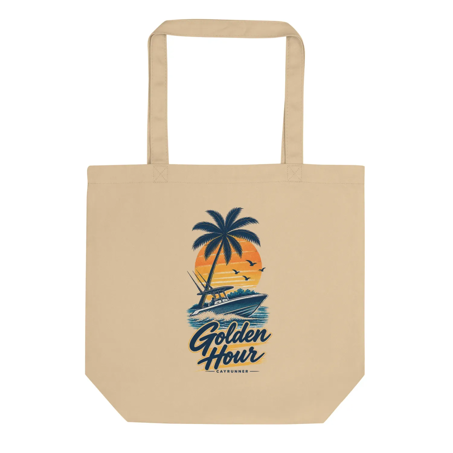 Cayrunner Golden Run organic cotton tote bag, with a boat, palm tree and orange sunset
