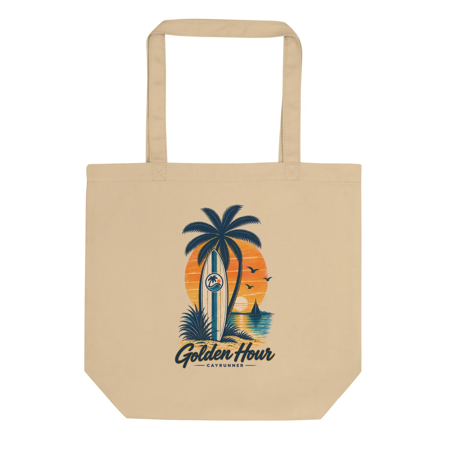 Cayrunner Sunset Boardwalk organic cotton tote bag, with a surfboard, palm tree and sunset