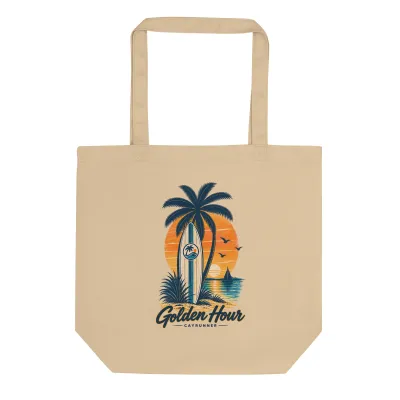 Cayrunner Sunset Boardwalk organic cotton tote bag, with a surfboard, palm tree and sunset