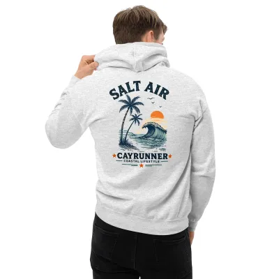 Cayrunner Salt Air Unisex Hoodie, back view on a man showing the palm and wave print