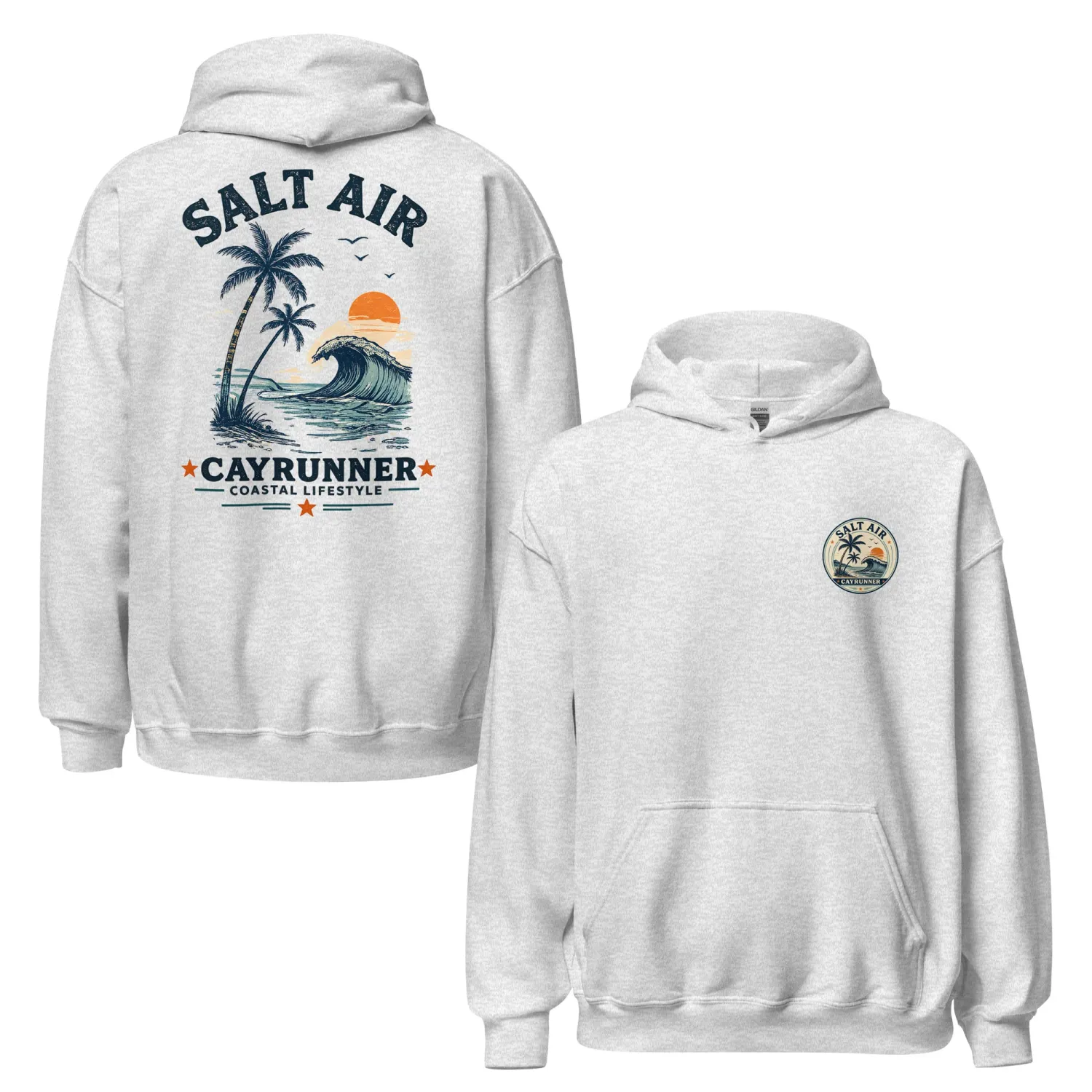 Cayrunner Salt Air Unisex Hoodie, front and back views in ash gray with palm and wave print