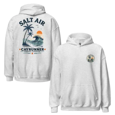 Cayrunner Salt Air Unisex Hoodie, front and back views in ash gray with palm and wave print