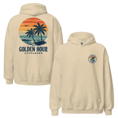 Cayrunner Golden Palms Unisex Hoodie, sand, front and back views with a palm sunset print
