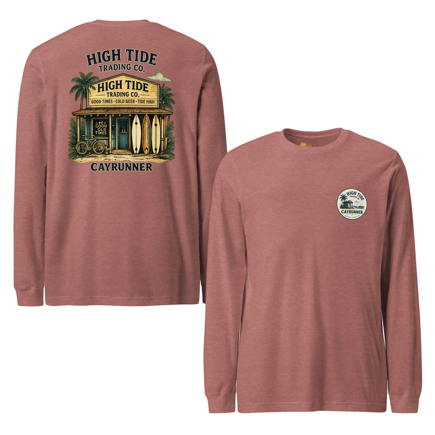 Cayrunner High Tide Trading Co. Unisex Long Sleeve Tee, heather mauve, surf shop back print and chest logo