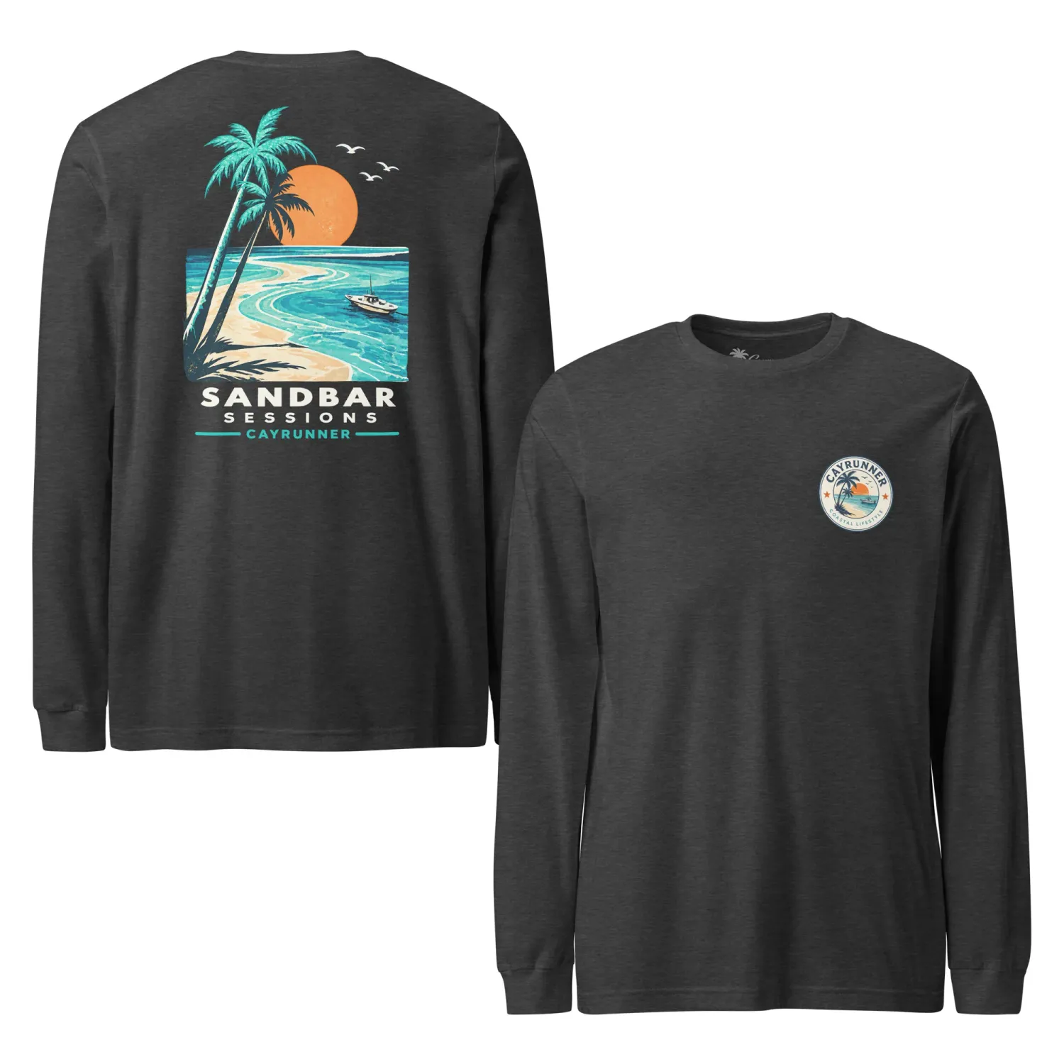 Cayrunner Salty Ways Unisex Long Sleeve Tee, dark heather gray, Sandbar Sessions beach back print and chest logo