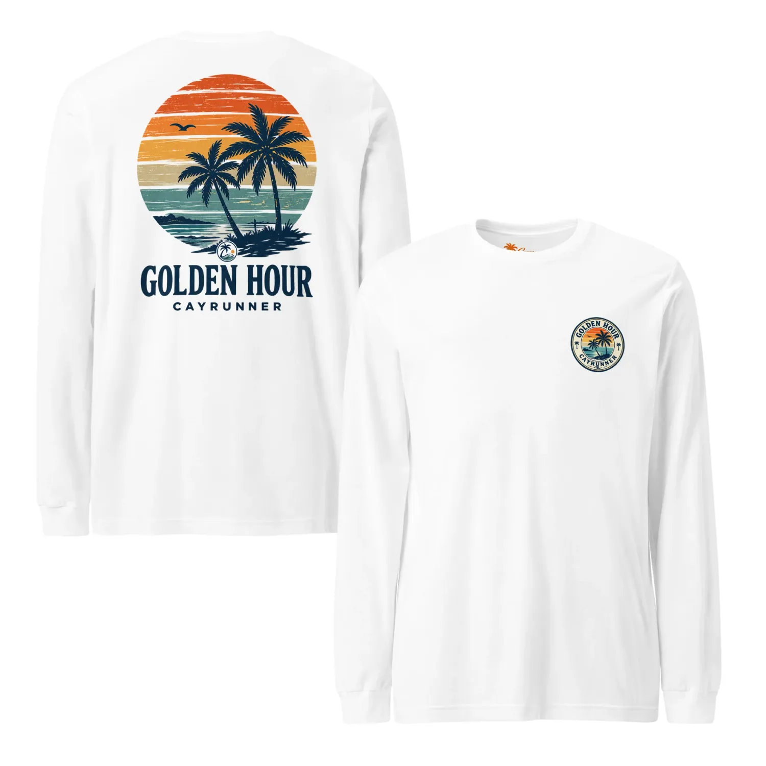 Cayrunner Golden Palms Unisex Long Sleeve Tee, white, Golden Hour sunset palm back print and chest logo