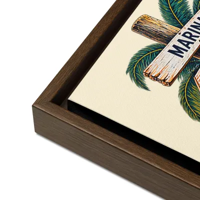 Cayrunner Wayfinder Framed Canvas, close-up of brown pine floating frame corner and canvas edge