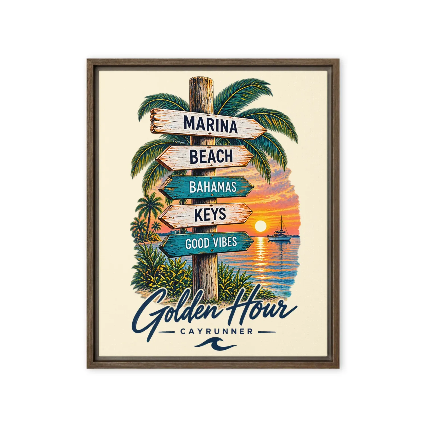 Cayrunner Wayfinder Framed Canvas, brown frame, signpost to Marina, Beach and Good Vibes at sunset