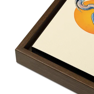 Cayrunner Harbor Watch Framed Canvas, close-up of brown pine floating frame corner and canvas edge