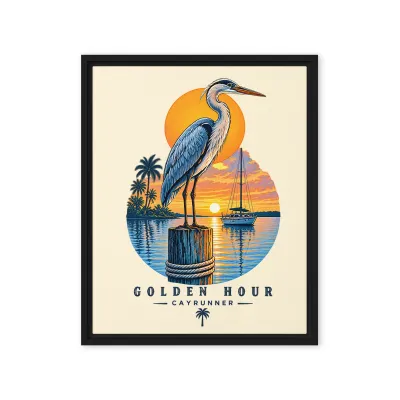 Cayrunner Harbor Watch Framed Canvas, black frame, heron on a piling at sunset with a sailboat