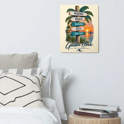 Cayrunner Wayfinder Metal Print, signpost sunset art on a bedroom wall