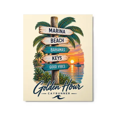 Cayrunner Wayfinder Metal Print, signpost to Marina, Beach and Good Vibes at sunset