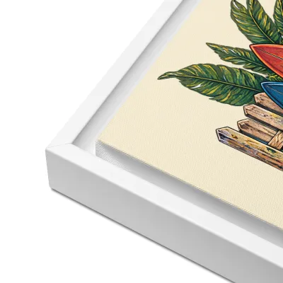 Cayrunner Surfside Escape Framed Canvas, close-up of white pine floating frame corner and canvas edge