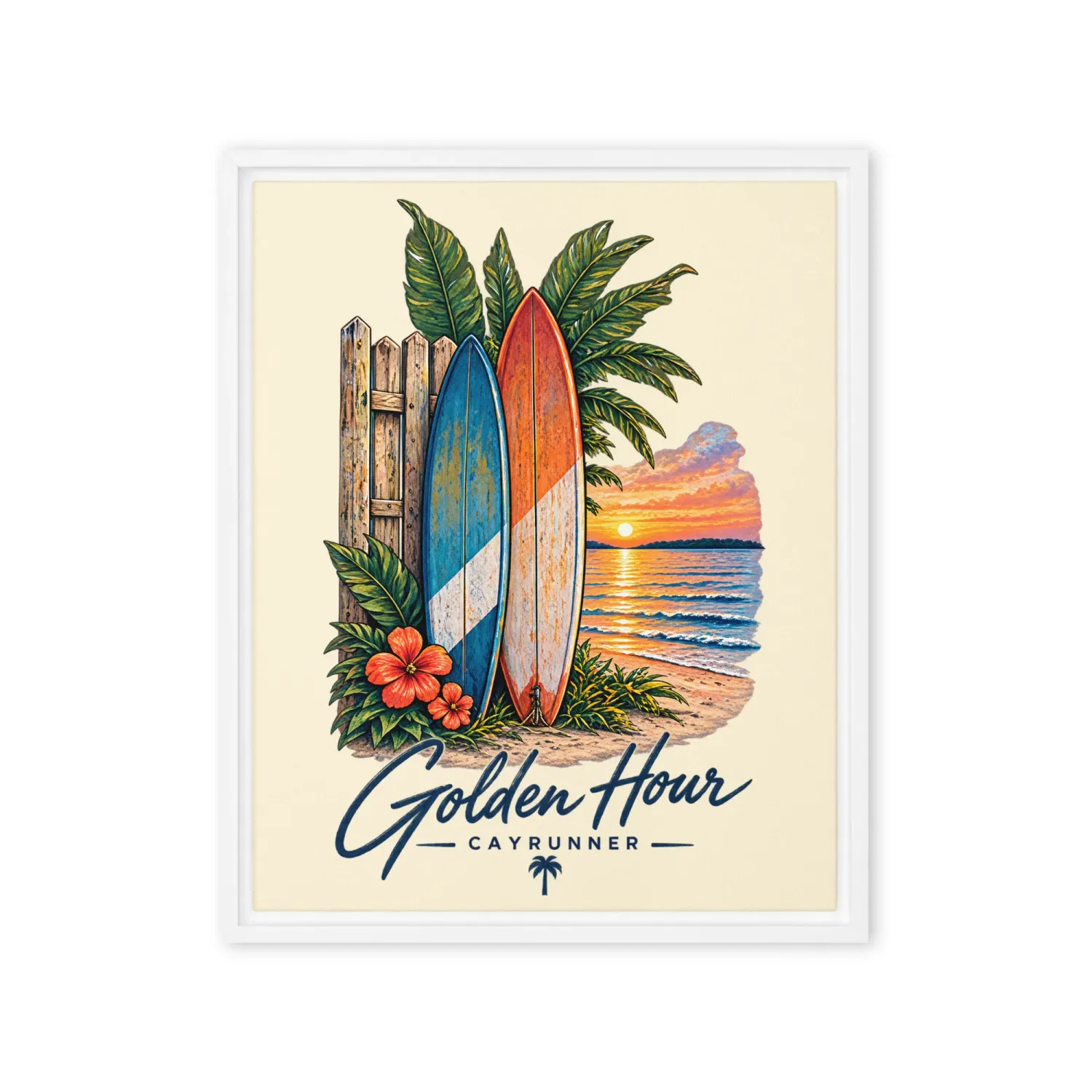 Cayrunner Surfside Escape Framed Canvas, white frame, two surfboards and hibiscus at a sunset beach