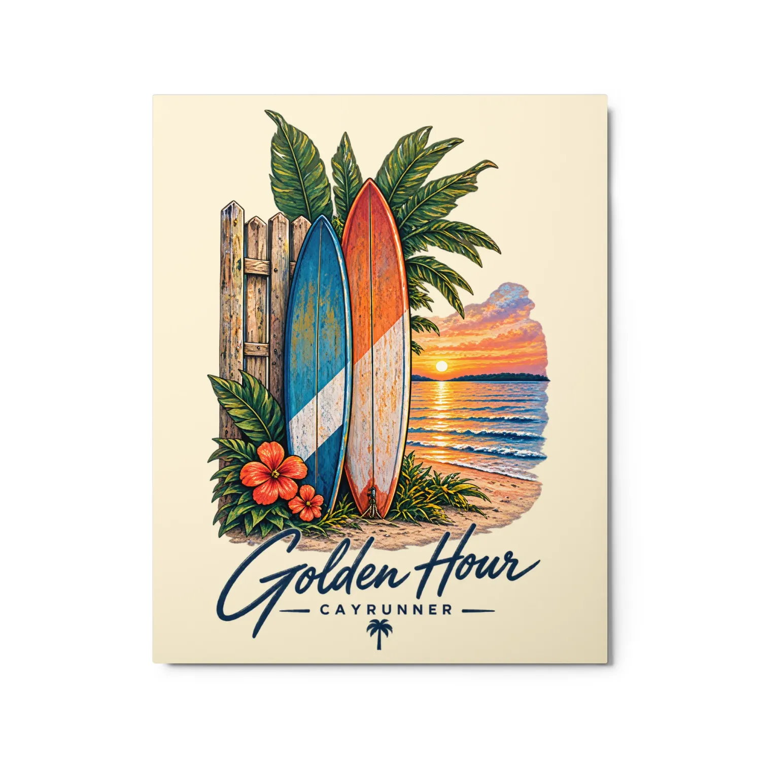 Cayrunner Surfside Escape Metal Print, front view, two surfboards and hibiscus at a sunset beach