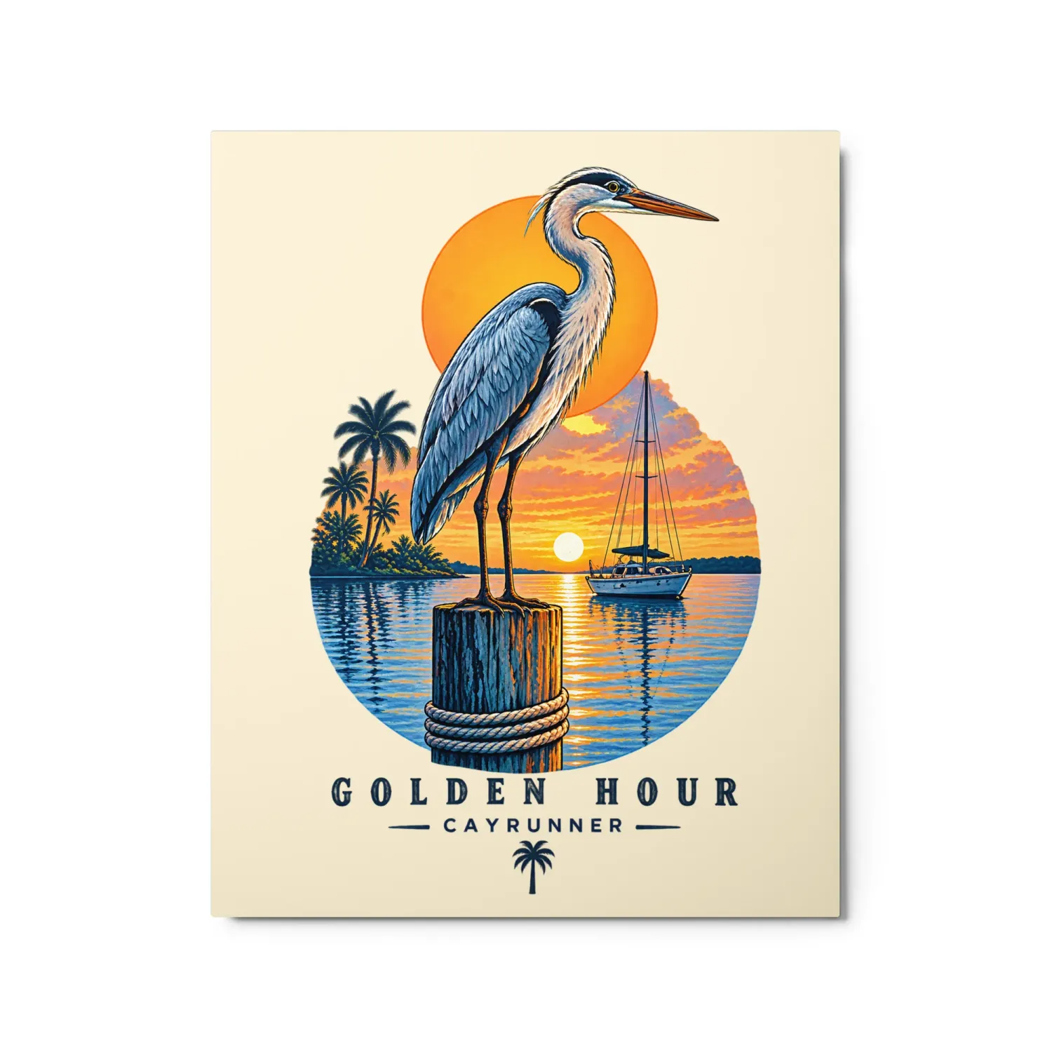 Cayrunner Harbor Watch Metal Print, front view, heron on a piling at sunset with a sailboat