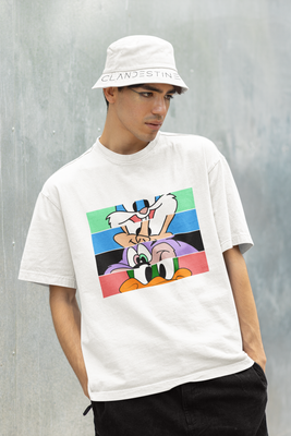 Tricou Oversize UNISEX Vintage Cartoon, Bumbac 100%, Alb