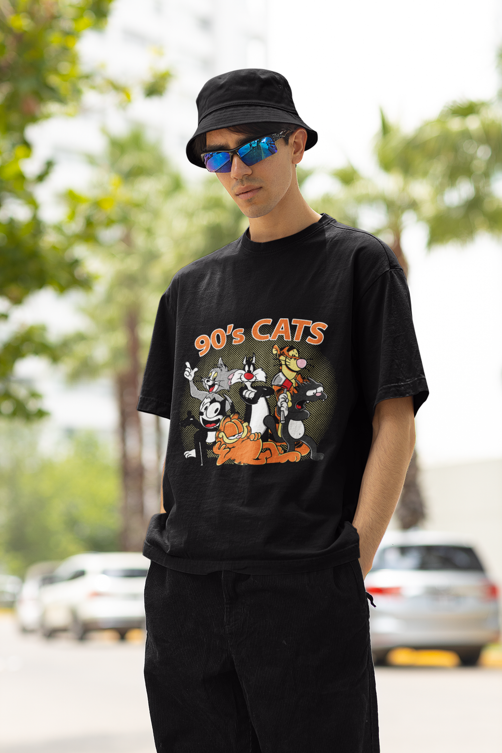 ​Tricou Unisex OVERSIZED 90&#39;s Cats, 100% BUMBAC, Negru