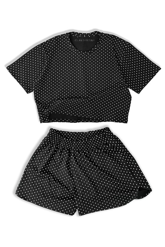 Set pijama de dama, Clandestine cu buline, tricou cu manesca scurta, pantaloni scurti, Bumbac, Negru