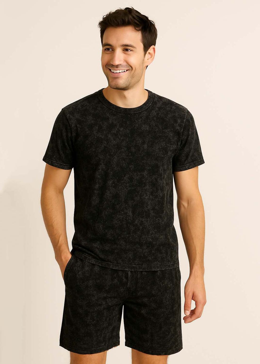 Set Pijama Pentru Bărbați Negru Rock Washed - Tricou și Pantaloni Scurți