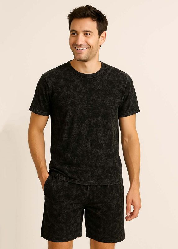 Set Pijama Pentru Bărbați Negru Rock Washed - Tricou și Pantaloni Scurți