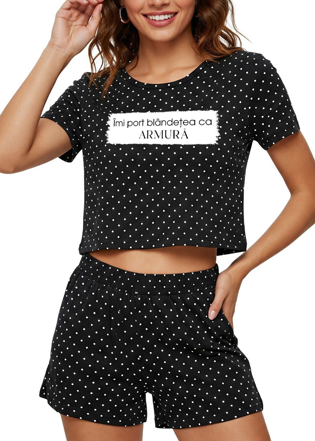 Set Pijama Damă &quot;Armură&quot; cu Buline Albe