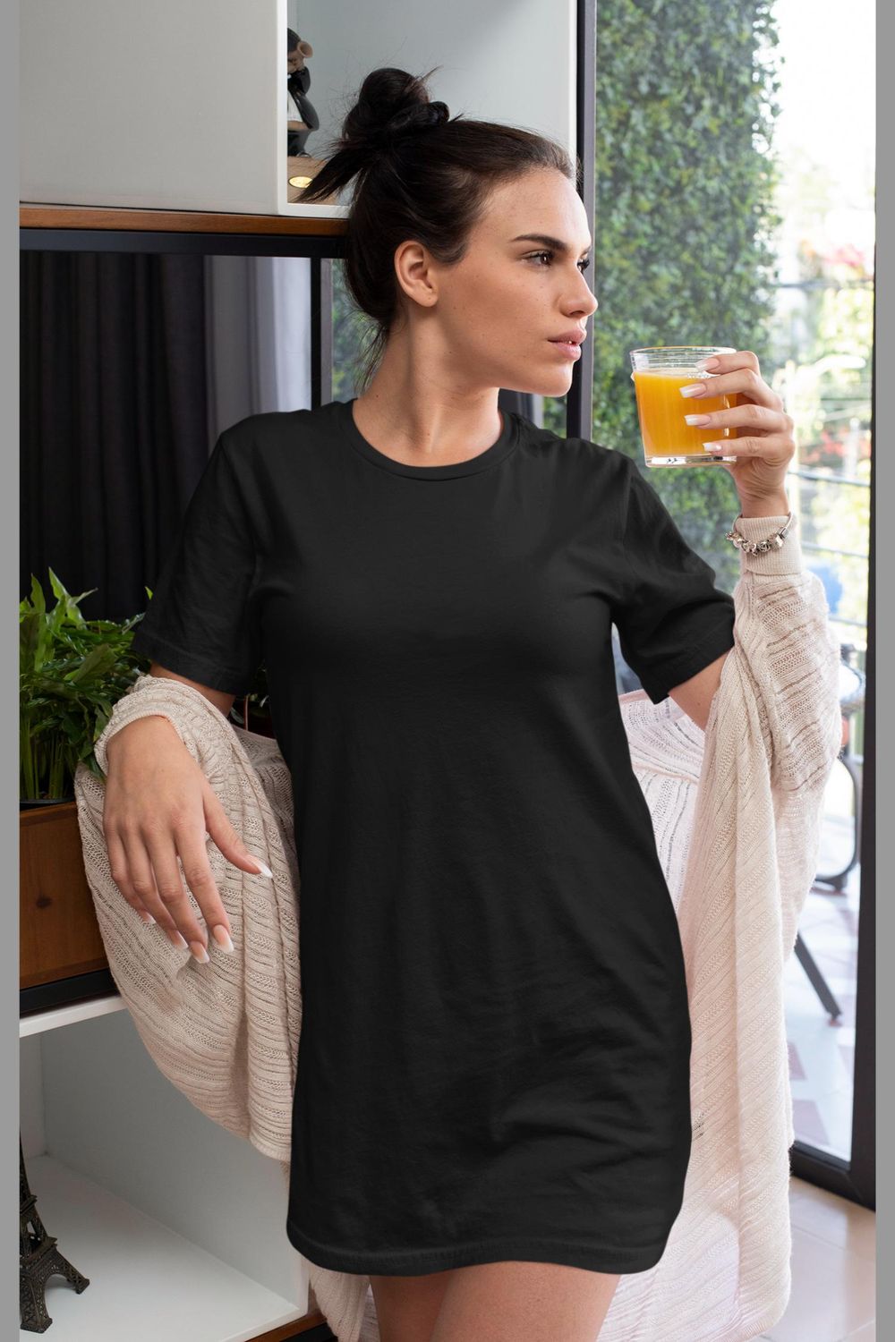 Cămașă de Noapte Neagră Stil Tricou Mânecă Scurtă