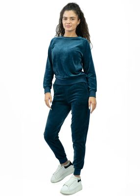 Compleu Catifea pentru Femei - Bluză și Pantaloni Albastru Royal
