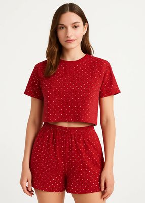 Set Pijama Damă Rosu cu Buline Albe - Crop Top și Pantaloni Scurți