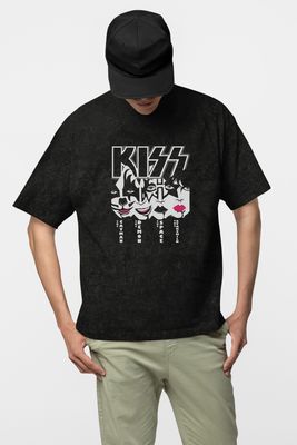 Tricou KISS Negru Oversized Rock Washed Pentru Bărbați