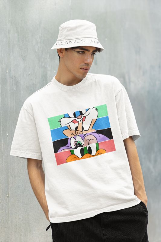 Tricou Oversize UNISEX Vintage Cartoon, Bumbac 100%, Alb