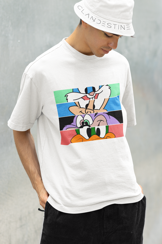Tricou Oversize UNISEX Vintage Cartoon, Bumbac 100%, Alb