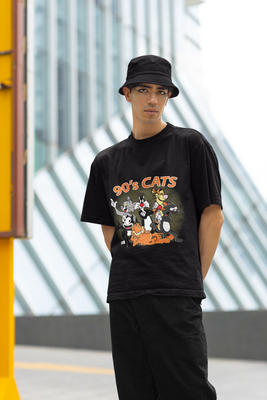 ​Tricou Unisex OVERSIZED 90's Cats, 100% BUMBAC, Negru